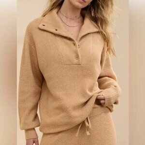Aerie CozyUp Waffle Button Sweater Tan